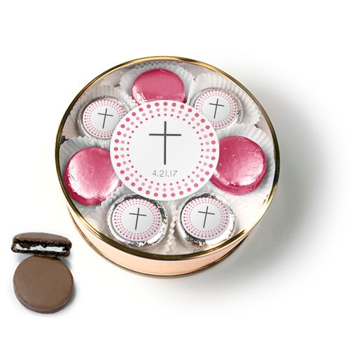 Personalized Confirmation Pink Dotted Circle Calvary Cross Chocolate Covered Oreo Cookies Extra-Large Plastic Tin