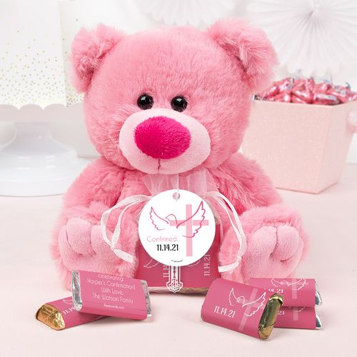 Personalized Girl Confirmation Dove & Cross Pink Teddy Bear and Organza Bag with Hershey's Miniatures