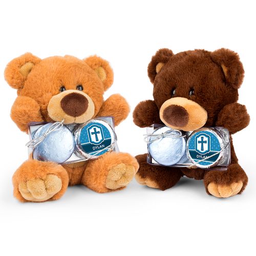 Personalized Boy's Engraved Cross Teddy Bear with Chocolate Covered Oreo 2pk