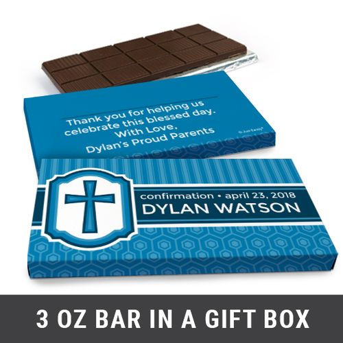Deluxe Personalized Confirmation Boy's Framed Cross Chocolate Bar in Gift Box (3oz Bar)