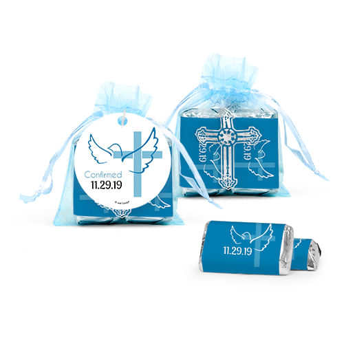 Personalized Boy Confirmation Host & Silver Chalice Cross Organza Bag with Hershey's Miniatures