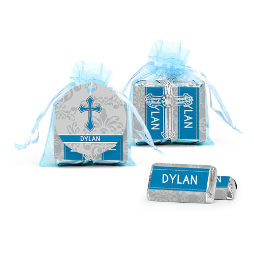 Personalized Boy Confirmation Host & Silver Chalice Cross Organza Bag with Hershey's Miniatures