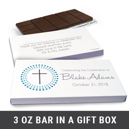 Deluxe Personalized Confirmation Boy's Dotted Calvary Cross Chocolate Bar in Gift Box (3oz Bar)