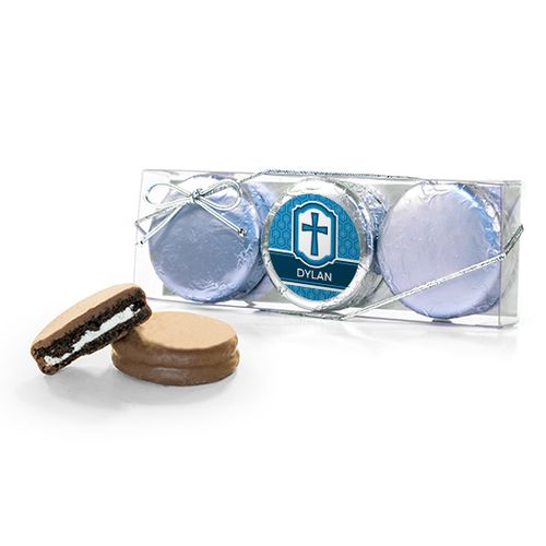 Personalized Confirmation Blue Hexagonal Pattern Engraved Cross 3PK Chocolate Covered Oreo Cookies