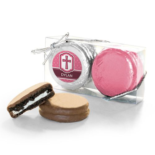Personalized Confirmation Pink Hexagonal Pattern Engraved Cross 2PK Chocolate Covered Oreo Cookies