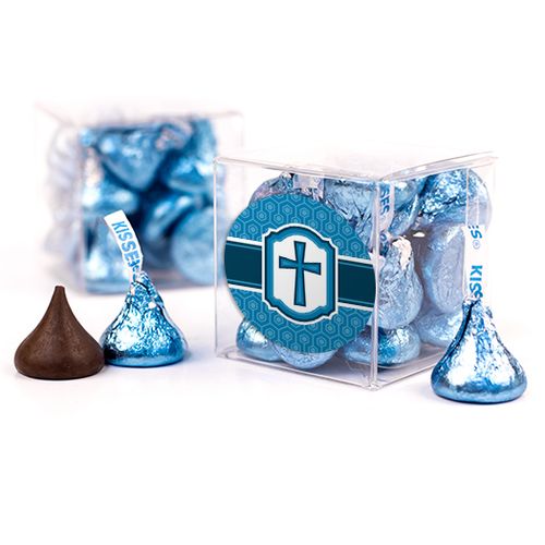 Confirmation Blue Hexagonal Pattern Engraved Cross Clear Gift Box with Sticker