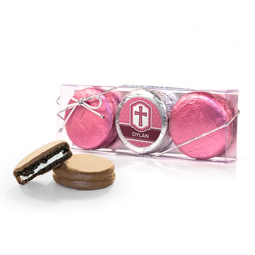 Personalized Confirmation Pink Hexagonal Pattern Engraved Cross 3PK Chocolate Covered Oreo Cookies