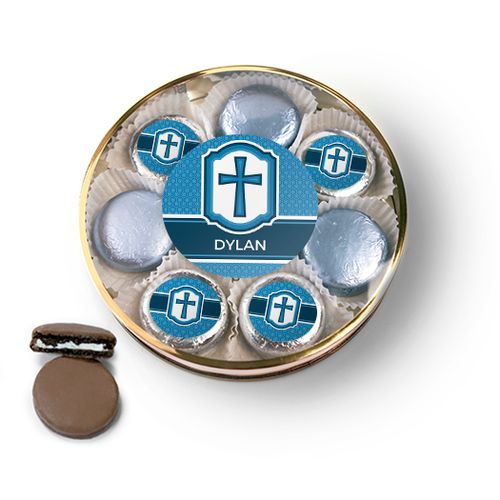 Personalized Confirmation Blue Hexagonal Pattern Engraved Cross Chocolate Covered Oreo Cookies Large Plastic Tin