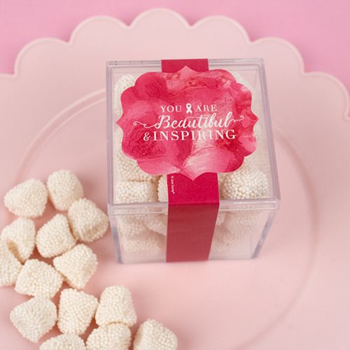 Personalized Breast Cancer Awareness JUST CANDY® favor cube with Jelly Belly Gumdrops