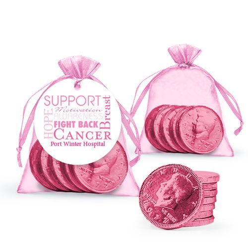 Personalized Strength in Words Breast Cancer Awareness Milk Chocolate Coins in Organza Bags with Gift Tag