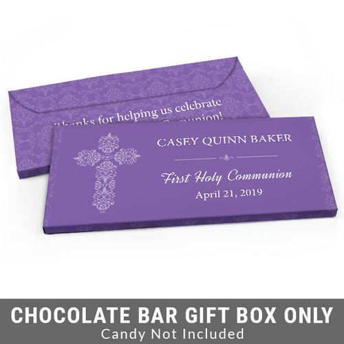 Deluxe Personalized Elegant Cross First Communion Candy Bar Favor Box