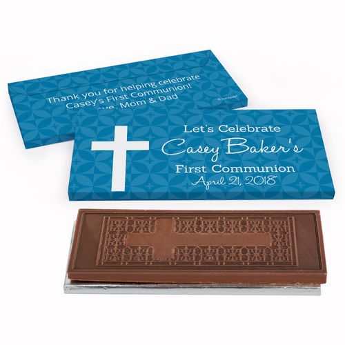 Deluxe Personalized Initial Cross First Communion Embossed Chocolate Bar in Gift Box