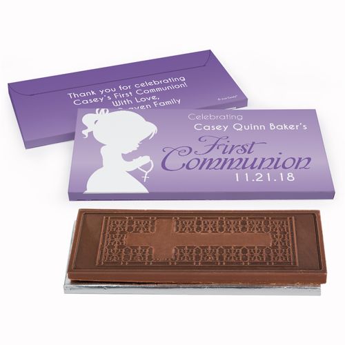 Deluxe Personalized Child in Prayer First Communion Embossed Chocolate Bar in Gift Box