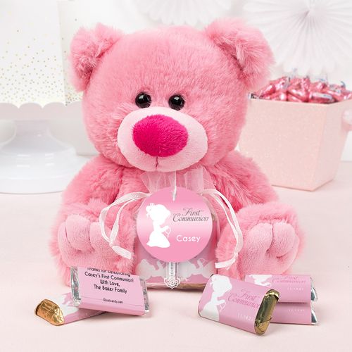 Personalized Girl Communion Precious Prayers Pink Teddy Bear and Organza Bag with Hershey's Miniatures