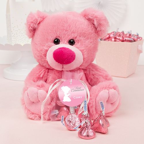 Personalized Girl Communion Precious Prayers Pink Teddy Bear and Organza Bag with Hershey's Kisses