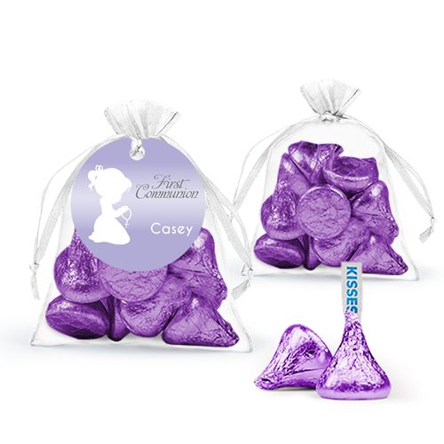 Personalized First Communion Child in Prayer Hershey's Kisses in Organza Bags with Gift Tag