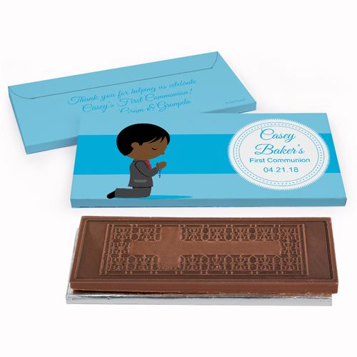 Deluxe Personalized Little Boy in Prayer First Communion Embossed Chocolate Bar in Gift Box
