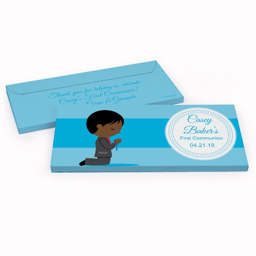 Deluxe Personalized Little Boy in Prayer First Communion Chocolate Bar in Gift Box