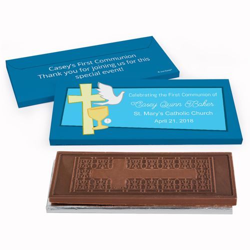 Deluxe Personalized Chalice, Dove & Cross First Communion Embossed Chocolate Bar in Gift Box