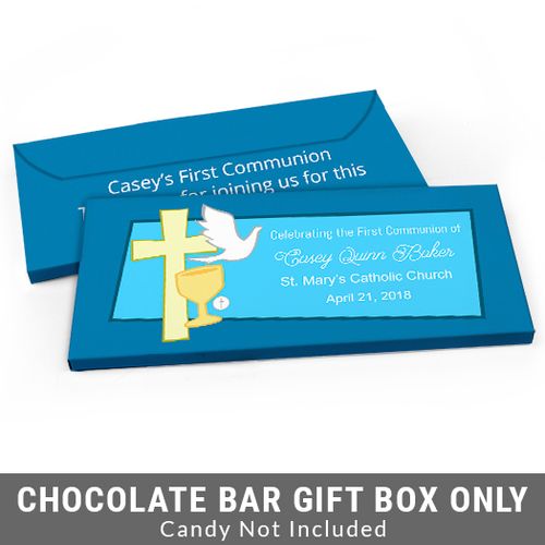 Deluxe Personalized Chalice, Dove & Cross First Communion Candy Bar Favor Box