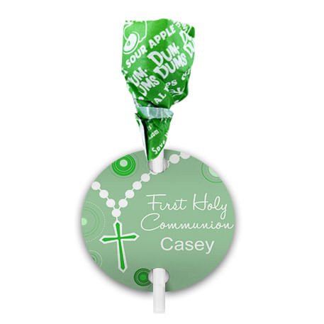 Personalized Rosary First Communion Dum Dums with Gift Tag (75 pops)