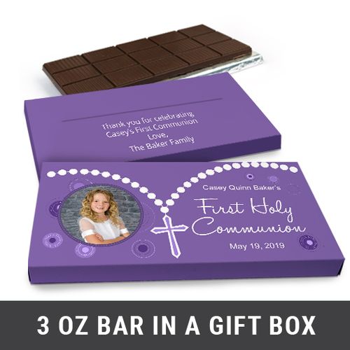 Deluxe Personalized Rosary Photo First Communion Chocolate Bar in Gift Box (3oz Bar)