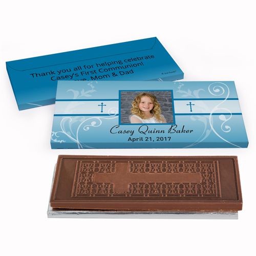 Deluxe Personalized Photo, Cross & Scroll First Communion Embossed Chocolate Bar in Gift Box