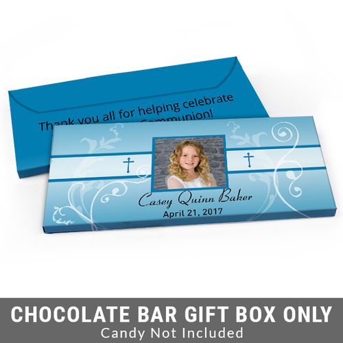 Deluxe Personalized Photo, Cross & Scroll First Communion Candy Bar Favor Box