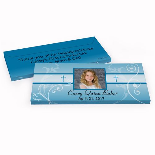 Deluxe Personalized Photo, Cross & Scroll First Communion Chocolate Bar in Gift Box