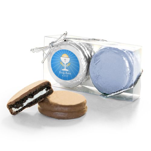 Personalized First Communion Blue Chalice & Holy Host 2PK Chocolate Covered Oreo Cookies