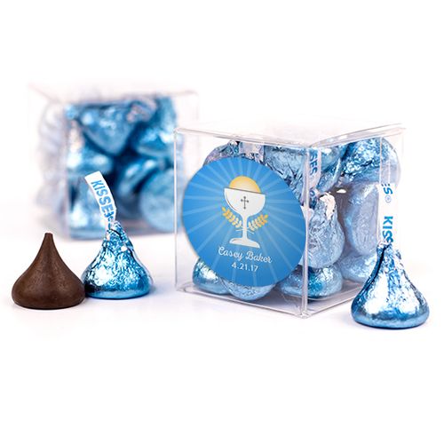 Personalized First Communion Blue Chalice & Holy Host Clear Gift Box with Sticker