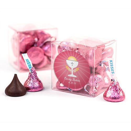 Personalized First Communion Pink Chalice & Holy Host Clear Gift Box with Sticker