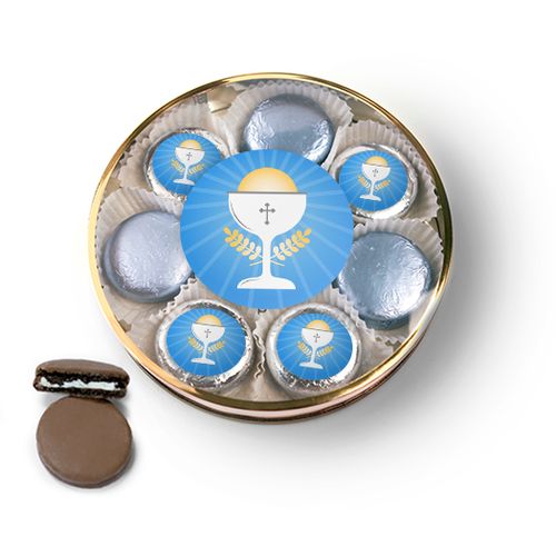 First Communion Blue Chalice & Holy Host Chocolate Covered Oreo Cookies Large Plastic Tin