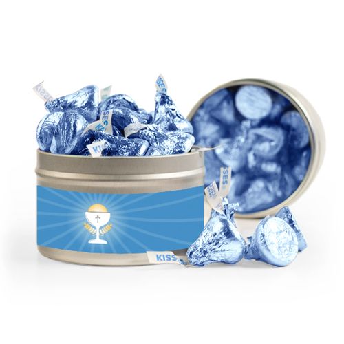 First Communion Blue Chalice & Holy Host 8oz Tin with Label