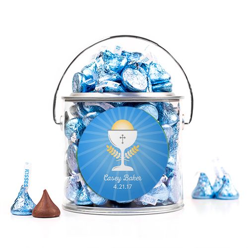 Personalized First Communion Blue Chalice & Holy Host Silver Paint Can with Sticker