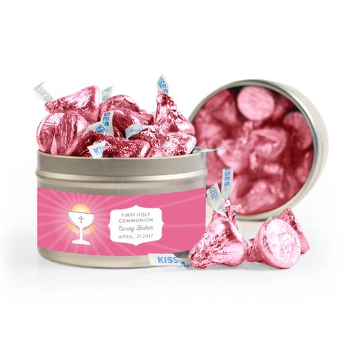 Personalized First Communion Pink Chalice & Holy Host 8oz Tin with Label