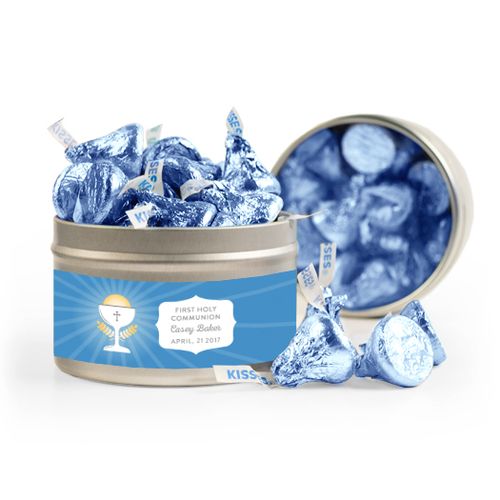 Personalized First Communion Blue Chalice & Holy Host 8oz Tin with Label