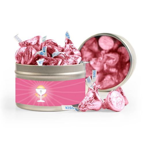 First Communion Pink Chalice & Holy Host 8oz Tin with Label