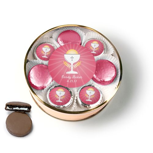 Personalized First Communion Pink Chalice & Holy Host Chocolate Covered Oreo Cookies Extra-Large Plastic Tin
