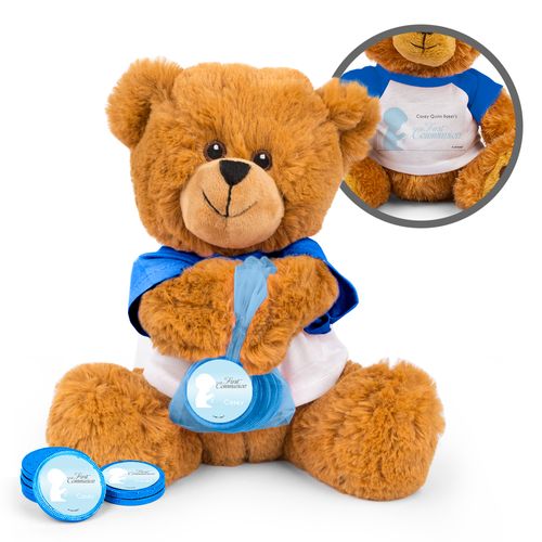 Personalized Child in Prayer Teddy Bear with Chocolate Coins in XS Organza Bag