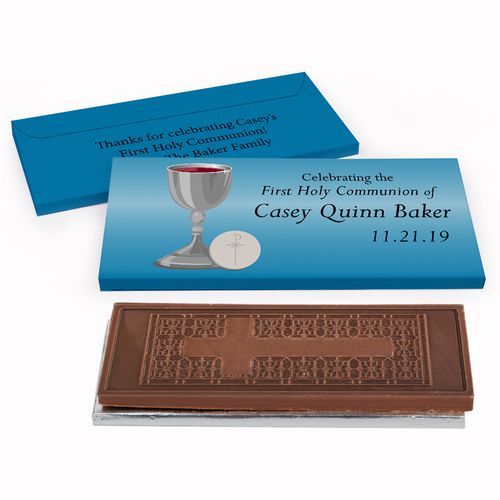 Deluxe Personalized Host & Silver Chalice First Communion Embossed Chocolate Bar in Gift Box