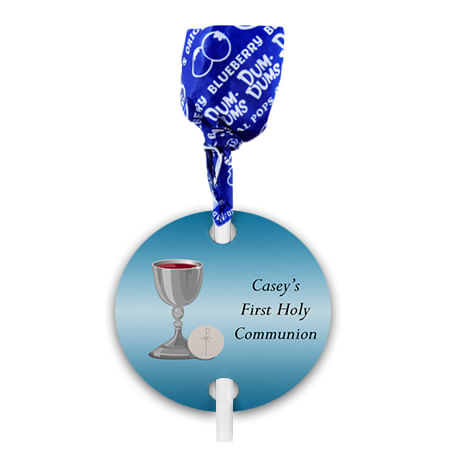 Personalized Host & Silver Chalice First Communion Dum Dums with Gift Tag (75 pops)