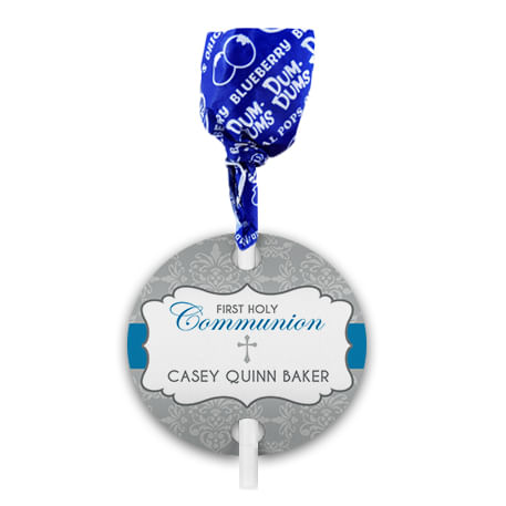 Personalized Fluer Di Lis Cross First Communion Dum Dums with Gift Tag (75 pops)
