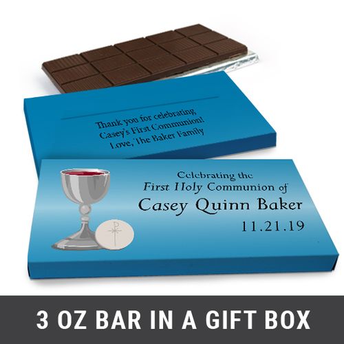 Deluxe Personalized Host & Silver Chalice First Communion Chocolate Bar in Gift Box (3oz Bar)