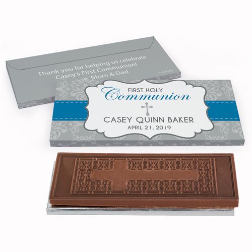 Deluxe Personalized Fluer Di Lis Cross First Communion Embossed Chocolate Bar in Gift Box