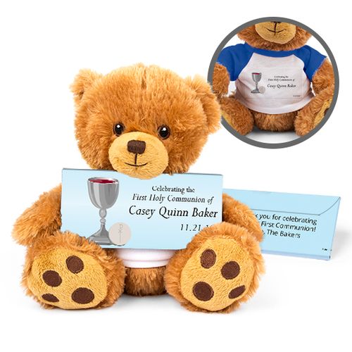 Personalized Host and Silver Chalice Teddy Bear with Belgian Chocolate Bar in Deluxe Gift Box