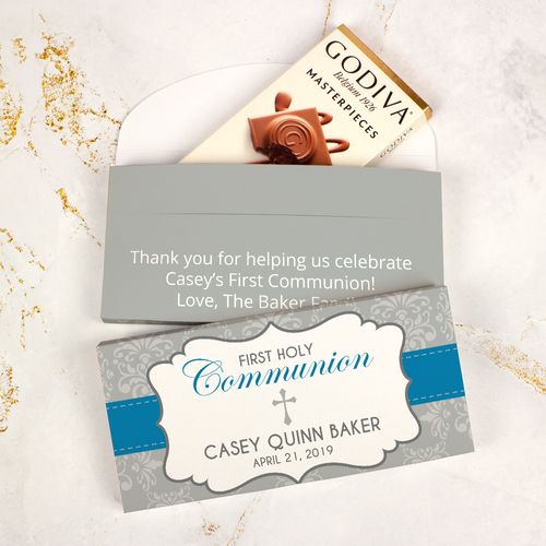 Deluxe Personalized First Communion Godiva Chocolate Bar in Gift Box- Fleur De Lis