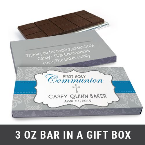 Deluxe Personalized Fluer Di Lis Cross First Communion Chocolate Bar in Gift Box (3oz Bar)