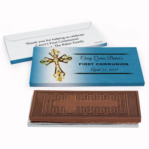 Deluxe Personalized Gold Cross First Communion Embossed Chocolate Bar in Gift Box