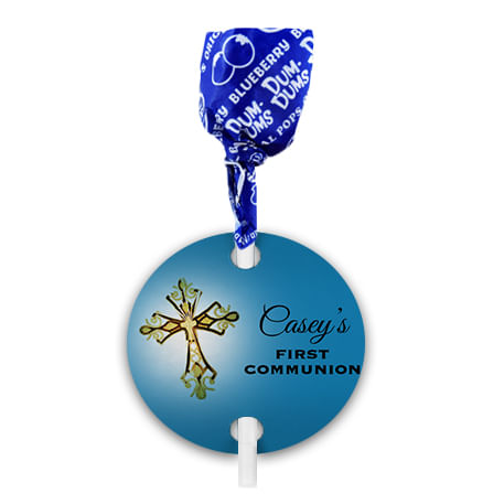 Personalized Gold Cross First Communion Dum Dums with Gift Tag (75 pops)